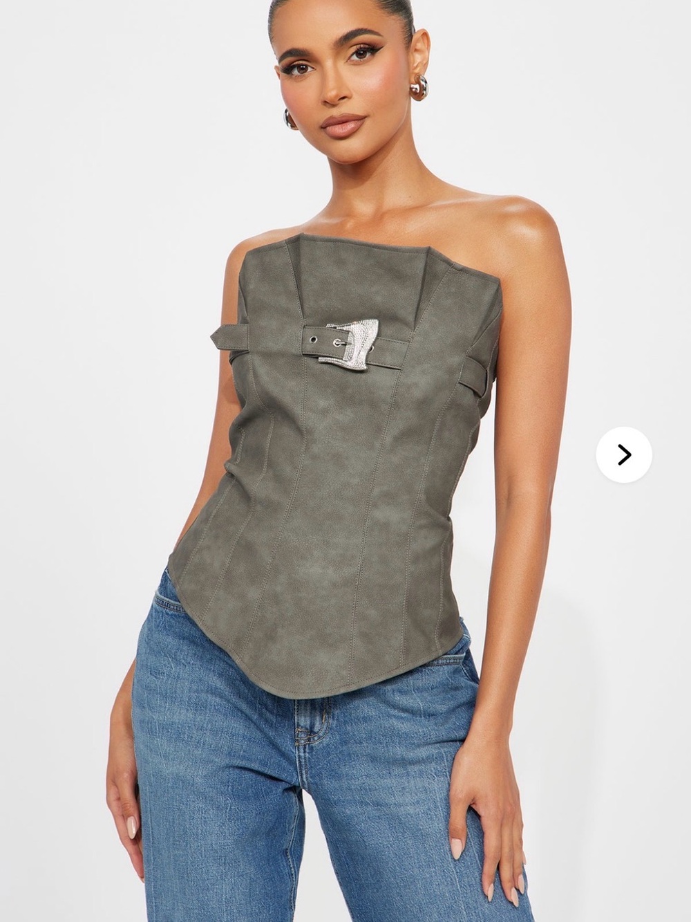 Fashion nova small Strapless Buckle-Front Corset Top in Olive